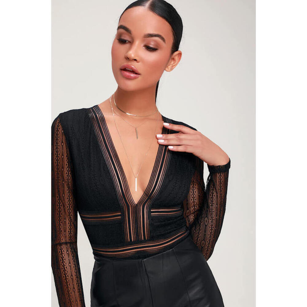 Lulus Casita Black Sheer Lace Long Sleeve Bodysuit - Size M